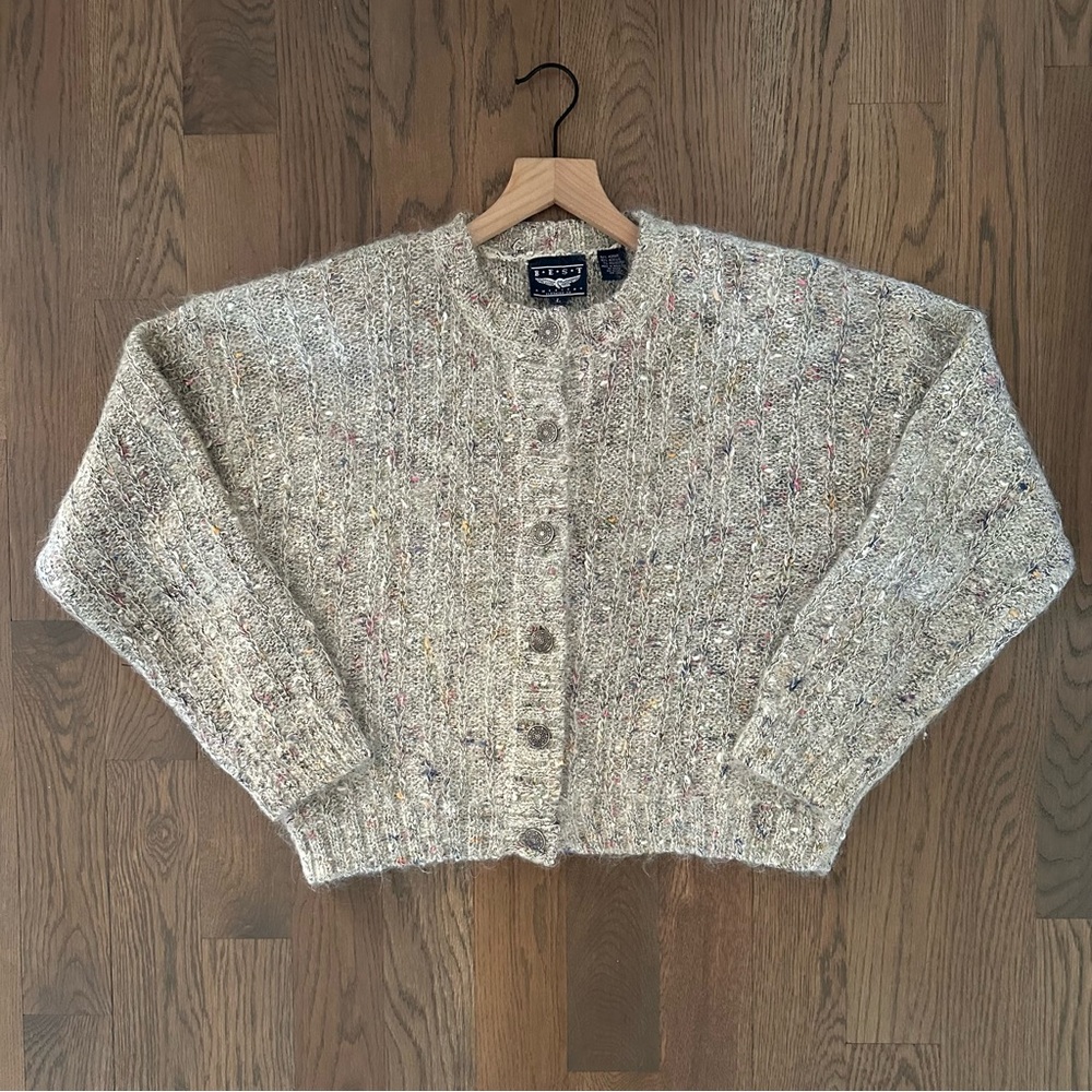 Vintage Mohair Blend Melange Knit Cardigan Sweater in Heather Oatmeal Large - Picture 4 of 8